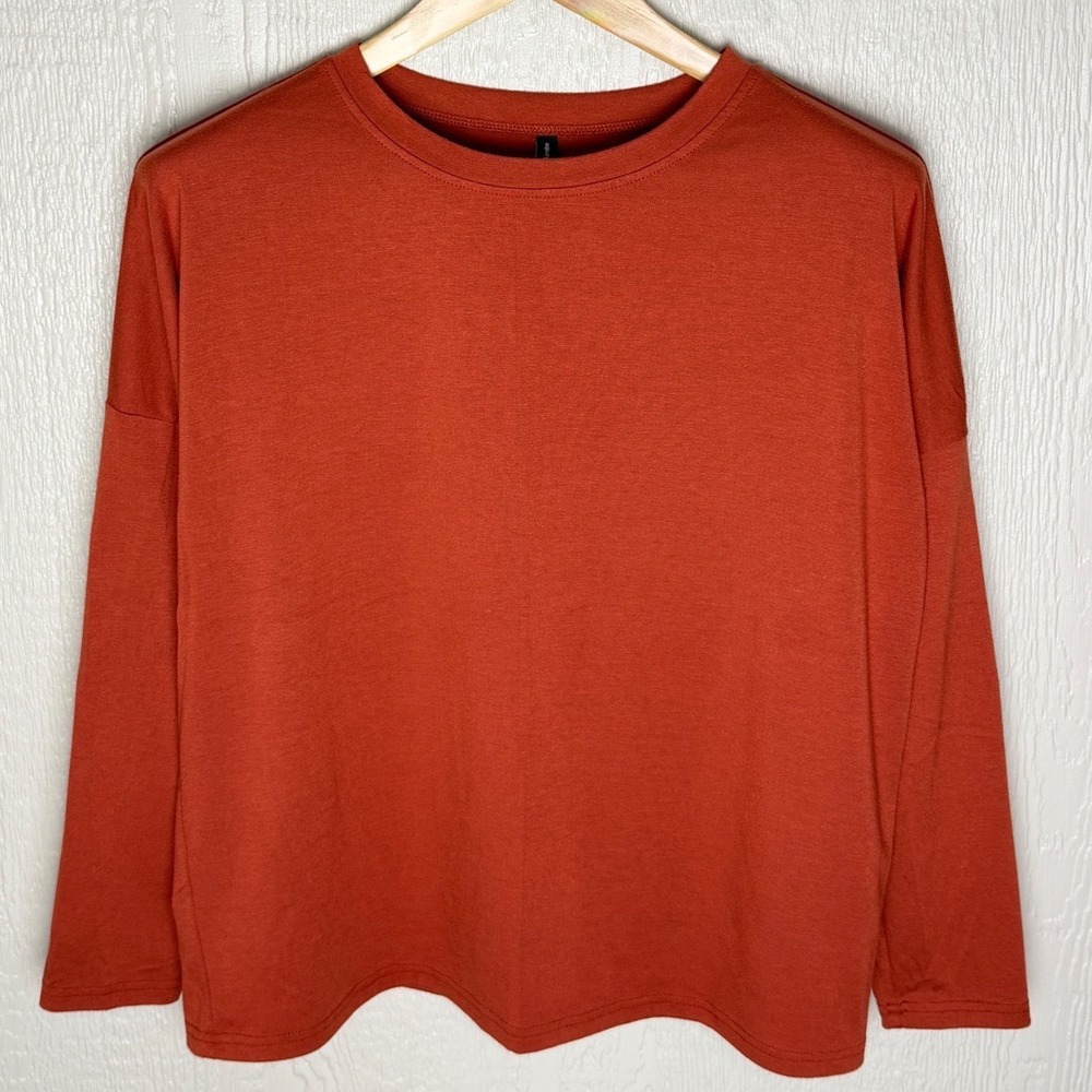 PrettyGarden Womens Rust Orange Long Sleeve Crew Neck Top Relaxed Fit Medium